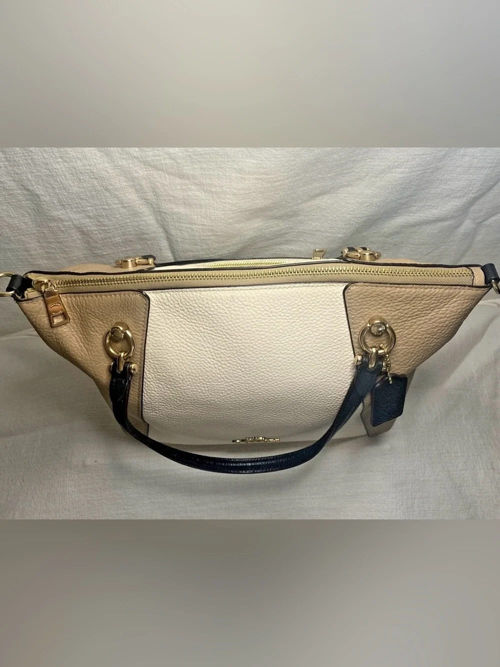 Coach Tri-Tone Leather Satchel - Cream, Tan & Navy